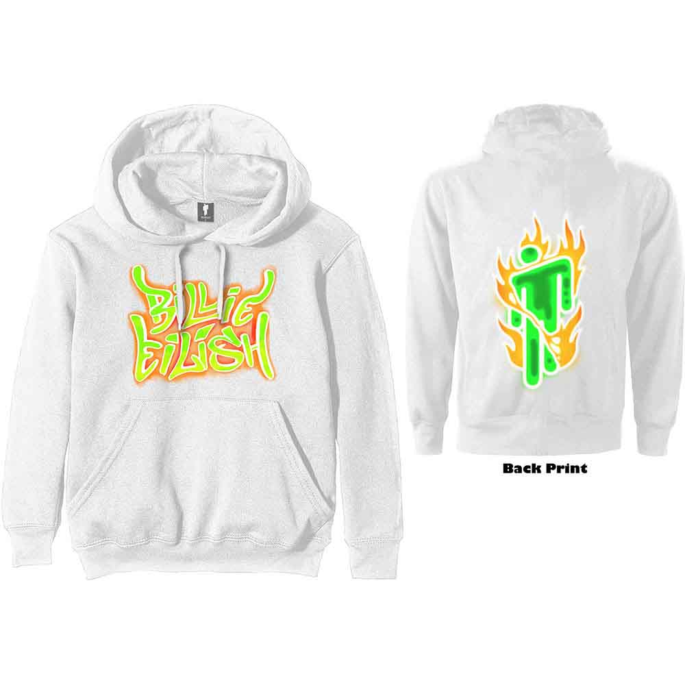 Billie Eilish Unisex Pullover Hoodie Airbrush Flames Blohsh (Back Print) White (S)