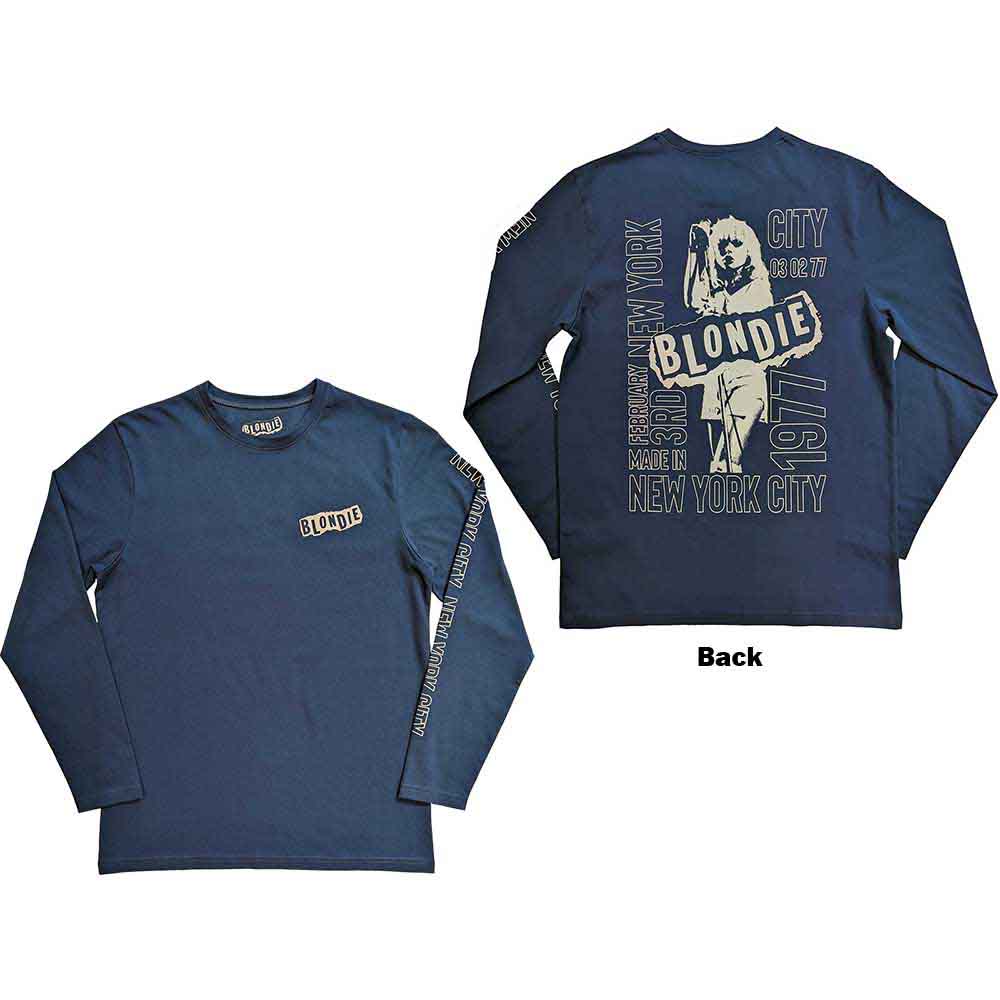 Blondie Unisex Long Sleeve T-Shirt NYC '77 (Back & Sleeve Print) Blue (L)