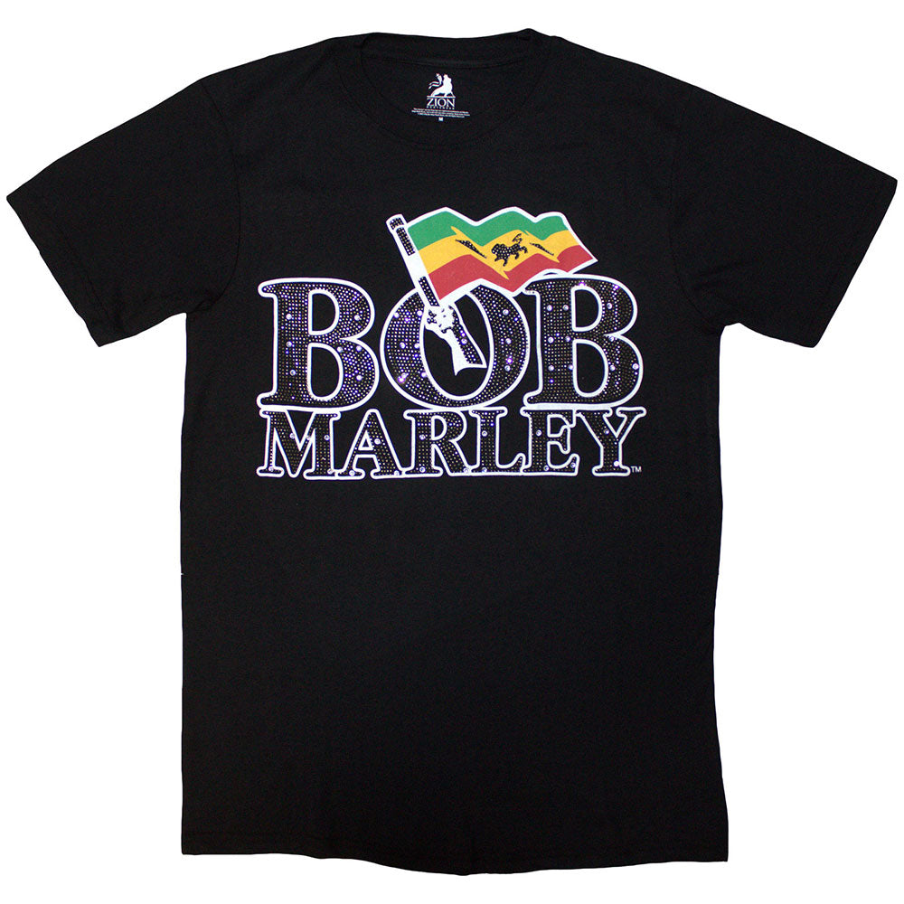 Bob Marley Unisex T-Shirt Flag Logo (Diamante) Black (L)