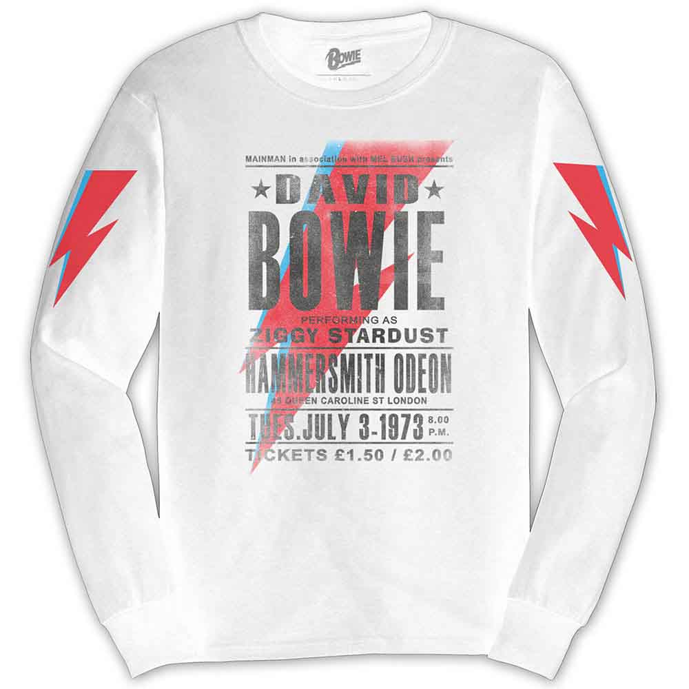 David Bowie Unisex Long Sleeve T-Shirt Hammersmith Odeon (Arm Print) White (L)