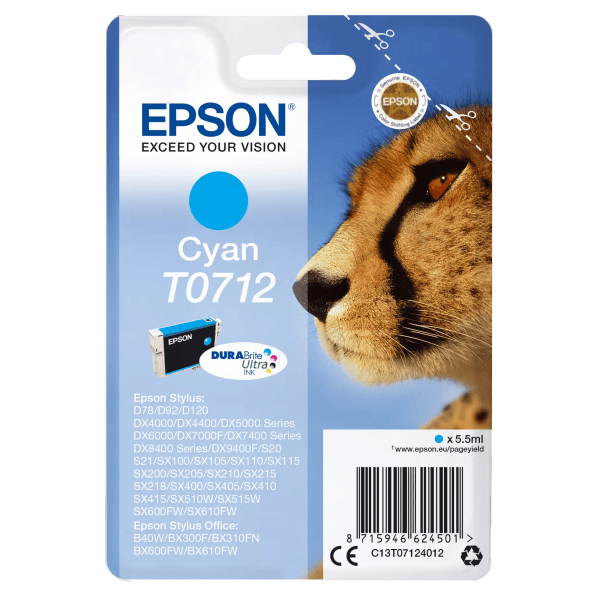 Epson T0712 Cheetah Cyan Standard Capacity Ink Cartridge 6ml