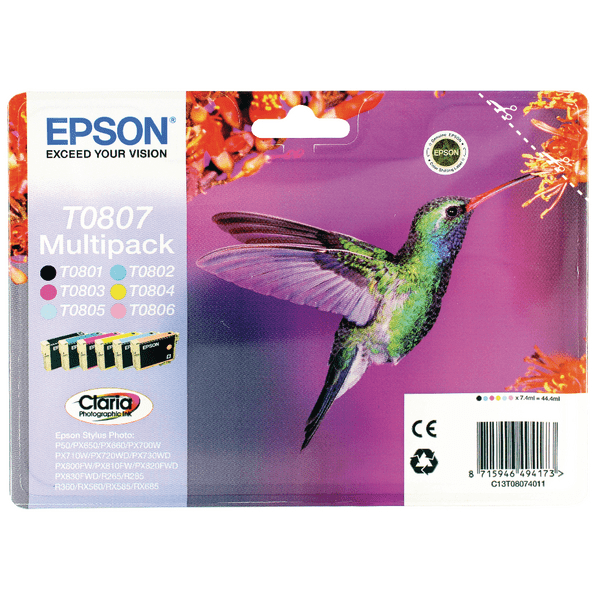 Epson T0807 Hummingbird Black/Cyan/Light Cyan/Light Magenta/Magenta/Yellow Standard Capacity Ink Cartridge Multipack