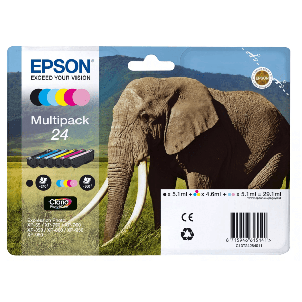 Epson 24 Elephant Black/Cyan/Light Cyan/Light Magenta/Magenta/Yellow Standard Capacity Ink Cartridge Multipack