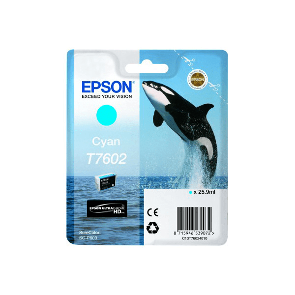 Epson T7602 Killer Whale Cyan Standard Capacity Ink Cartridge 26ml for SureColor P600