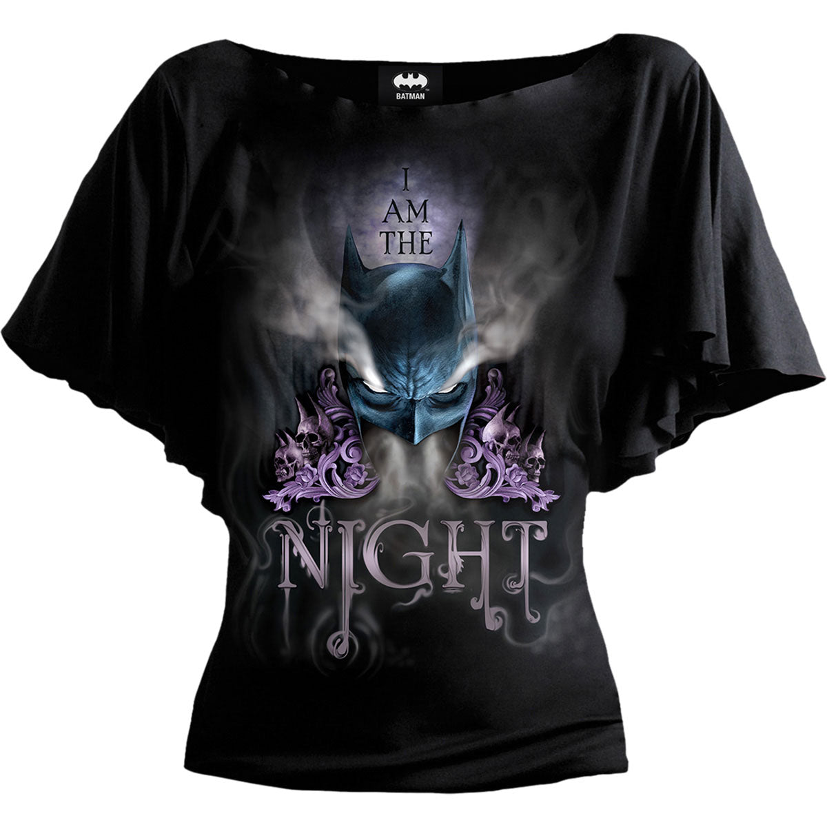 DC Comics Ladies Latin Boatneck Top Batman I am the Night Black (S)