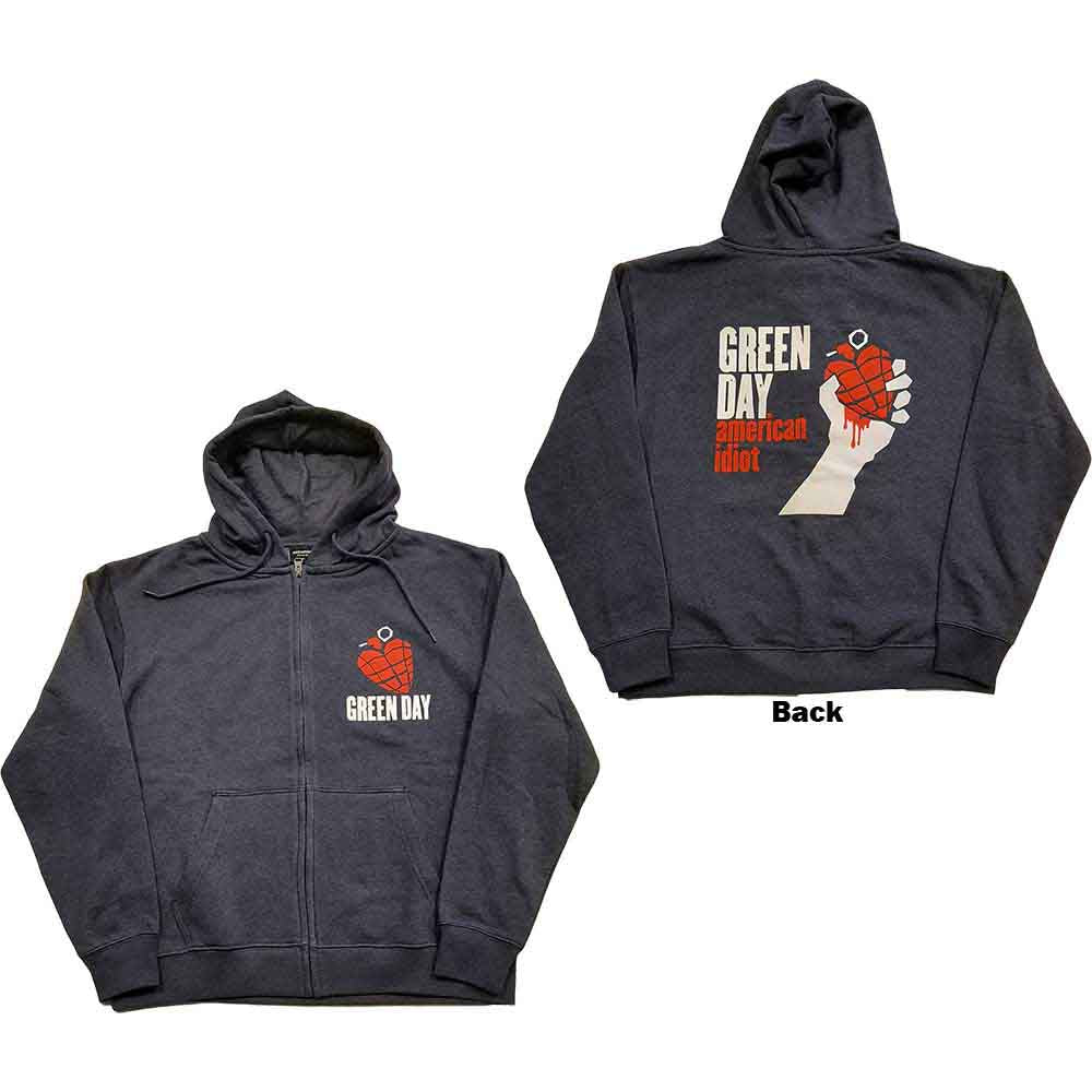 Green Day Unisex Zipped Hoodie American Idiot (Back Print) Blue (XXL)