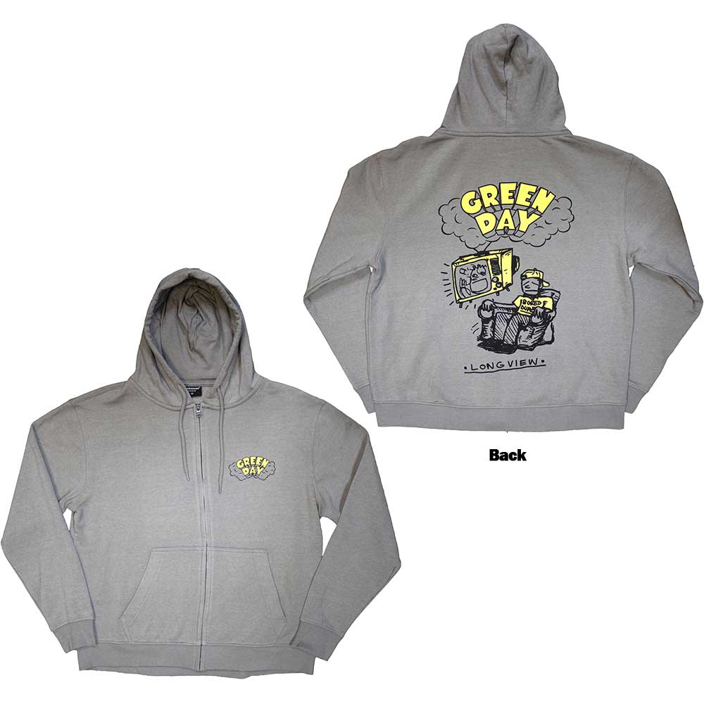 Green Day Unisex Zipped Hoodie Longview Doodle (Back Print) Grey (M)