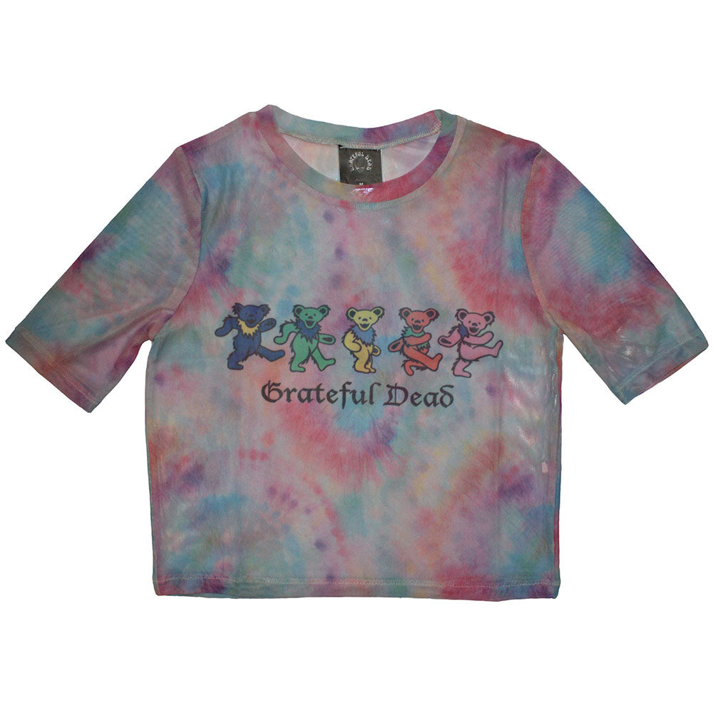 Grateful Dead Ladies Crop Top Dancing Bears (Mesh) Light Blue (L)