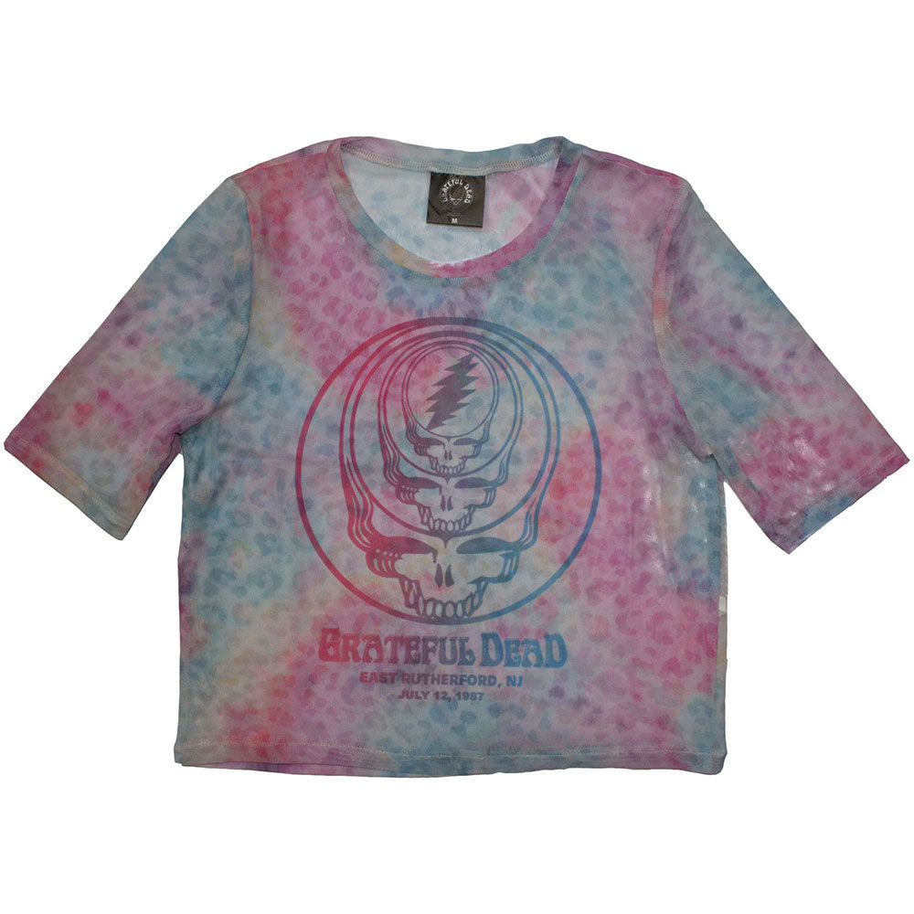 Grateful Dead Ladies Crop Top Concentric Skulls (Mesh) Light Blue (XXL)