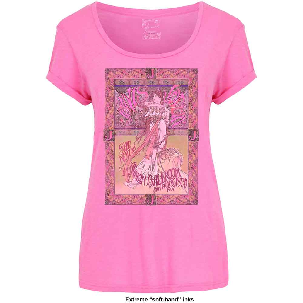 Janis Joplin Ladies Fashion T-Shirt Avalon Ballroom '67  Soft Hand Inks Pink (L)