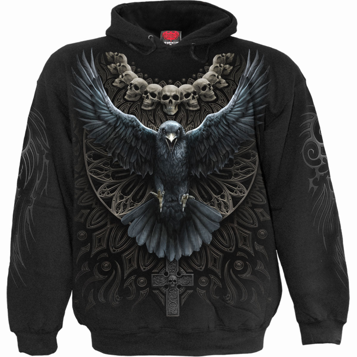 Spiral Unisex Pullover Hoodie Raven Skull (Back & Sleeve Print) Black (XL)