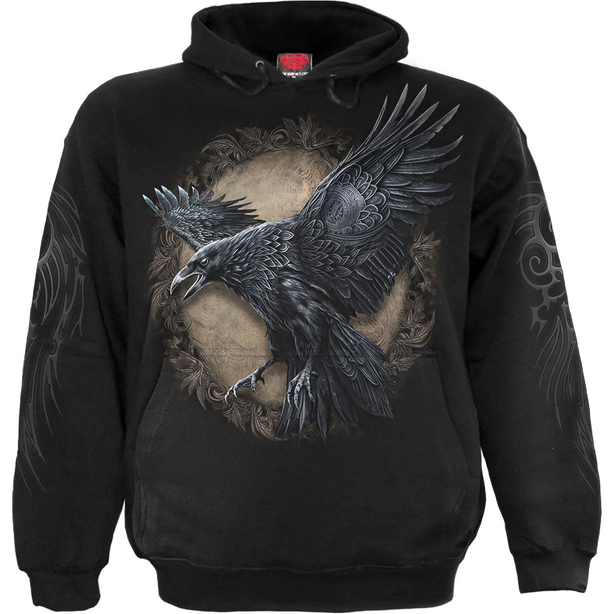 Spiral Unisex Pullover Hoodie Raven Wise (Back & Sleeve Print) Black (XXXL)