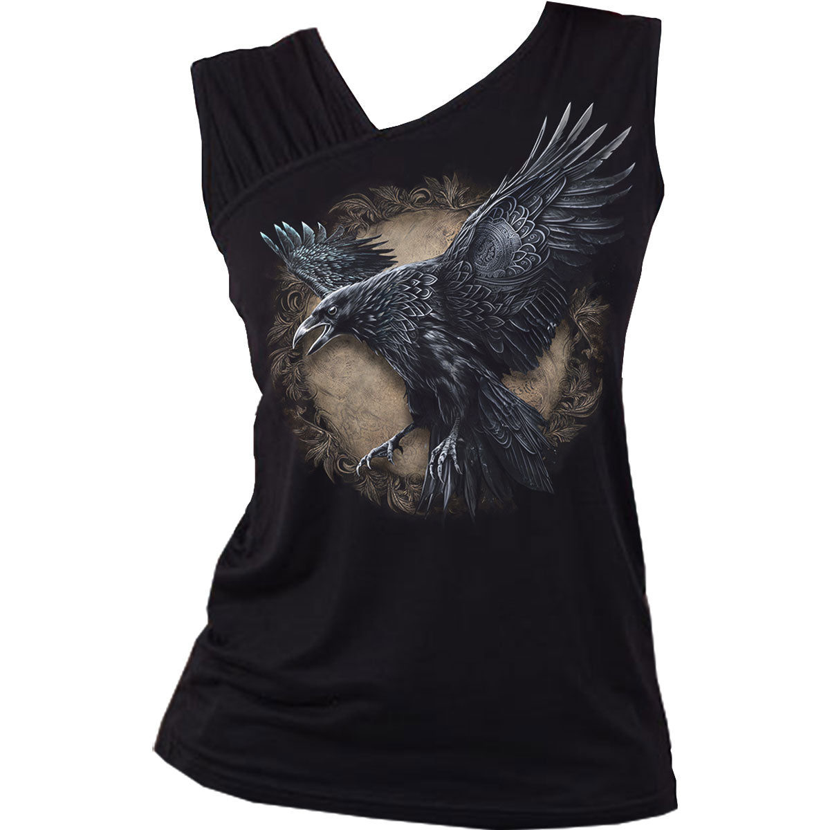 Spiral Ladies Gathered Shoulder Slant Vest T-Shirt Raven Wise Wings Black (S)