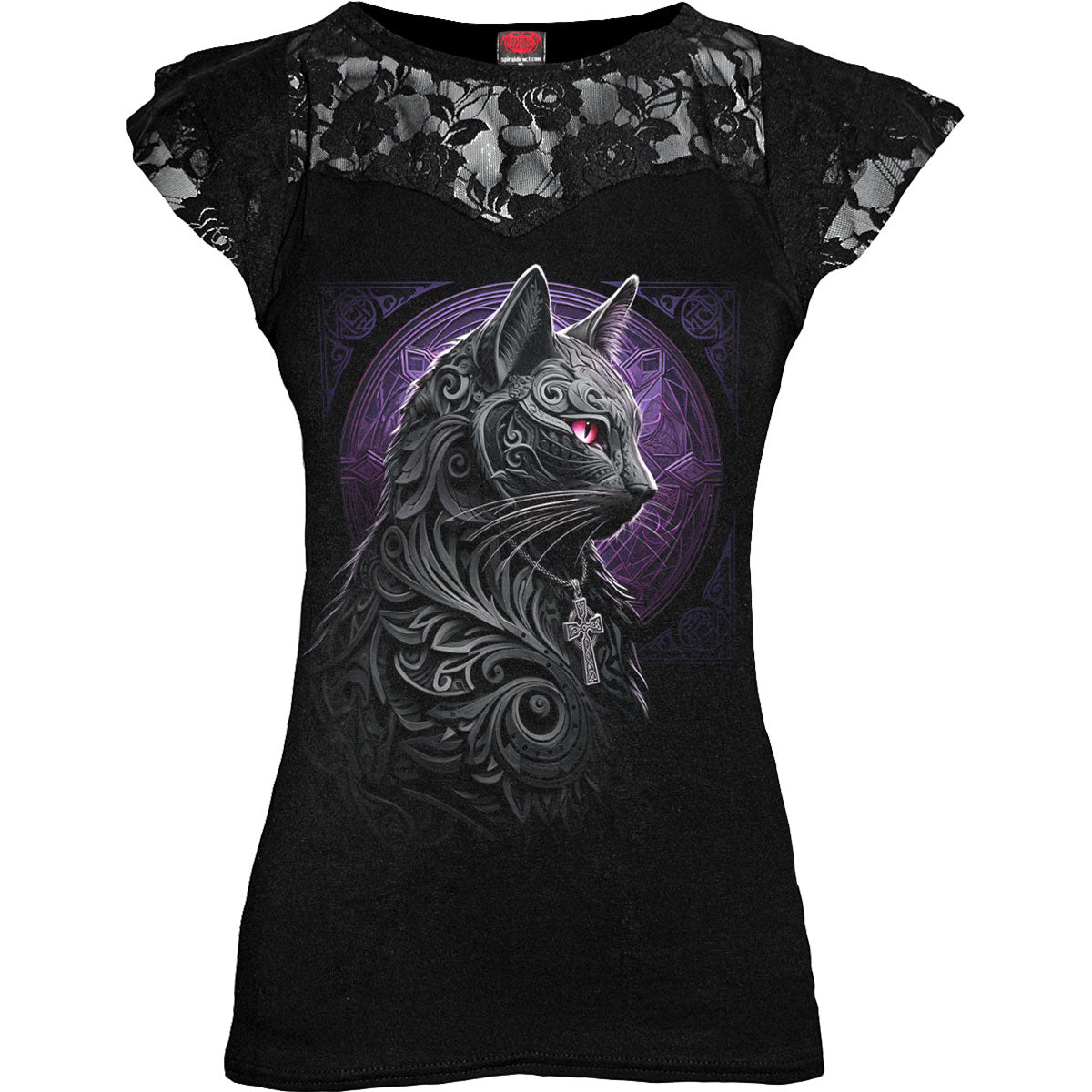 Spiral Ladies Lace Layered Cap Sleeve Top Celtic Whiskers Black (L)