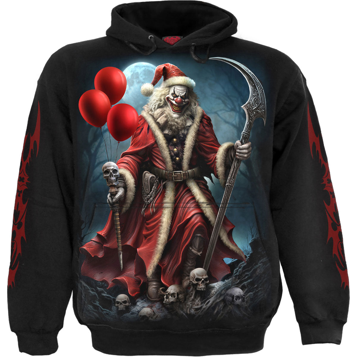Spiral Unisex Pullover Hoodie Santa Clown (Back & Sleeve Print) Black (XL)