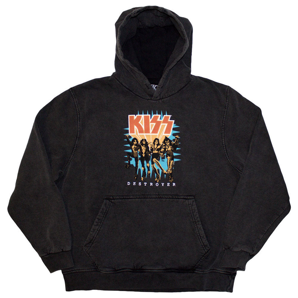 KISS Unisex Stone Wash Pullover Hoodie Destroyer 3D Logo (Wash) Grey (XXL)