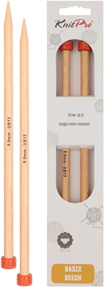 KnitPro Knitting Pins Single-Ended Basix Beech 30cm x 9.00mm (Pair)