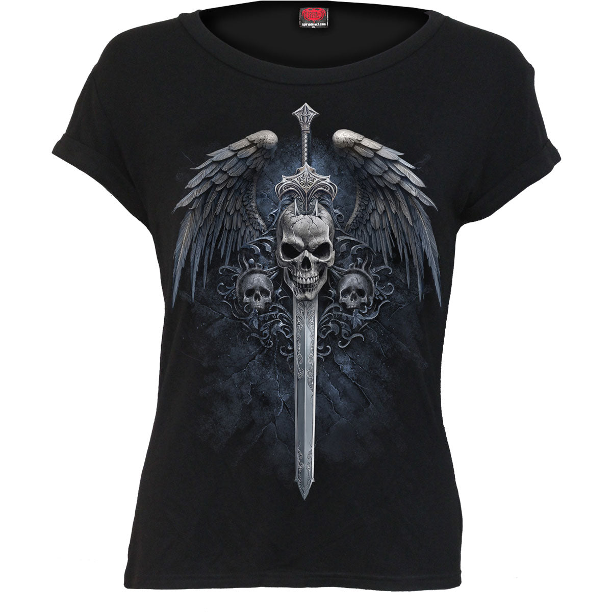Spiral Ladies Boatneck Bat Sleeve Top Angel Sword Black (XL)