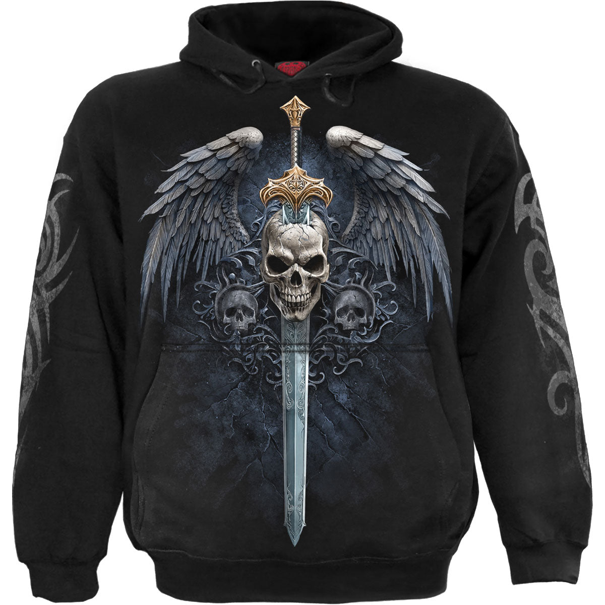 Spiral Unisex Pullover Hoodie Angel Sword (Back & Sleeve Print) Black (L)