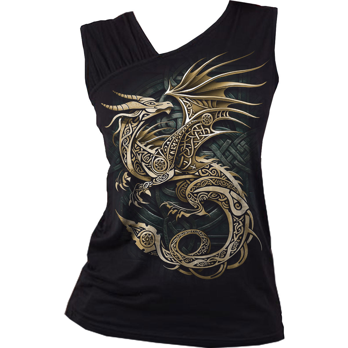 Spiral Ladies Gathered Shoulder Slant Vest T-Shirt Celtic Dragon Black (S)