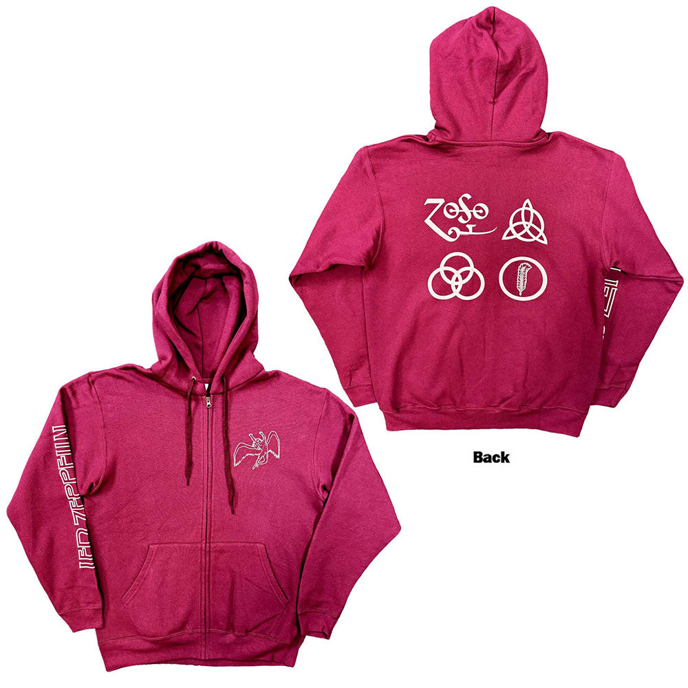 Led Zeppelin Unisex Zipped Hoodie Symbols (Back Print) Red (XL