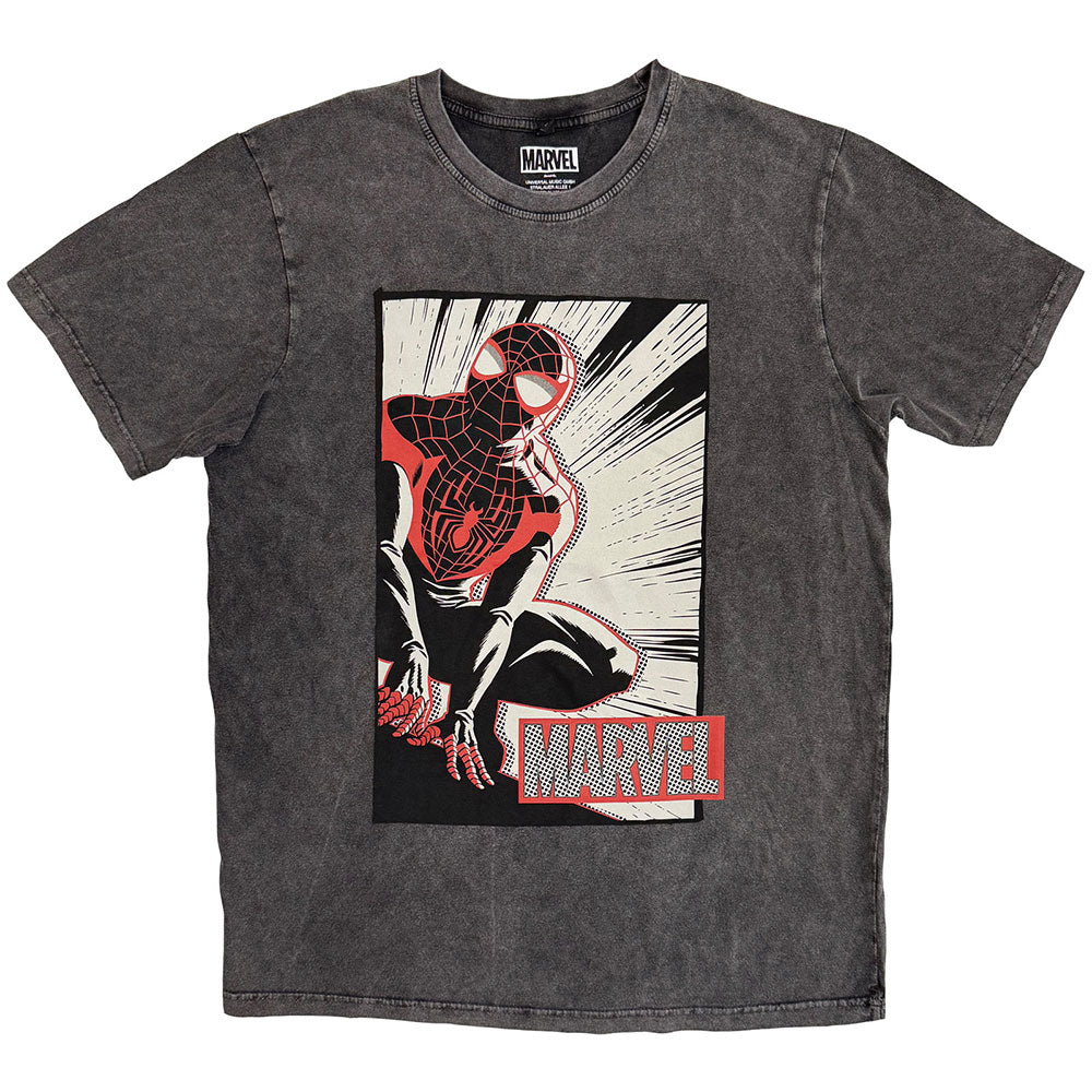 Marvel Comics Unisex Stone Wash T-Shirt Spider-Man Crouch Cartoon Grey (M)