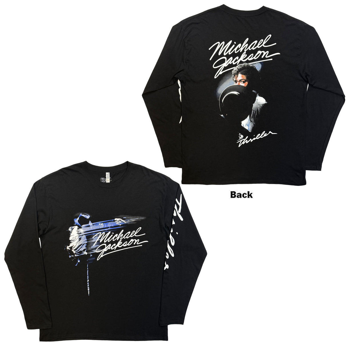 Michael Jackson Unisex Long Sleeve T-Shirt Thriller Hat Poses (Back Print) Black (M)