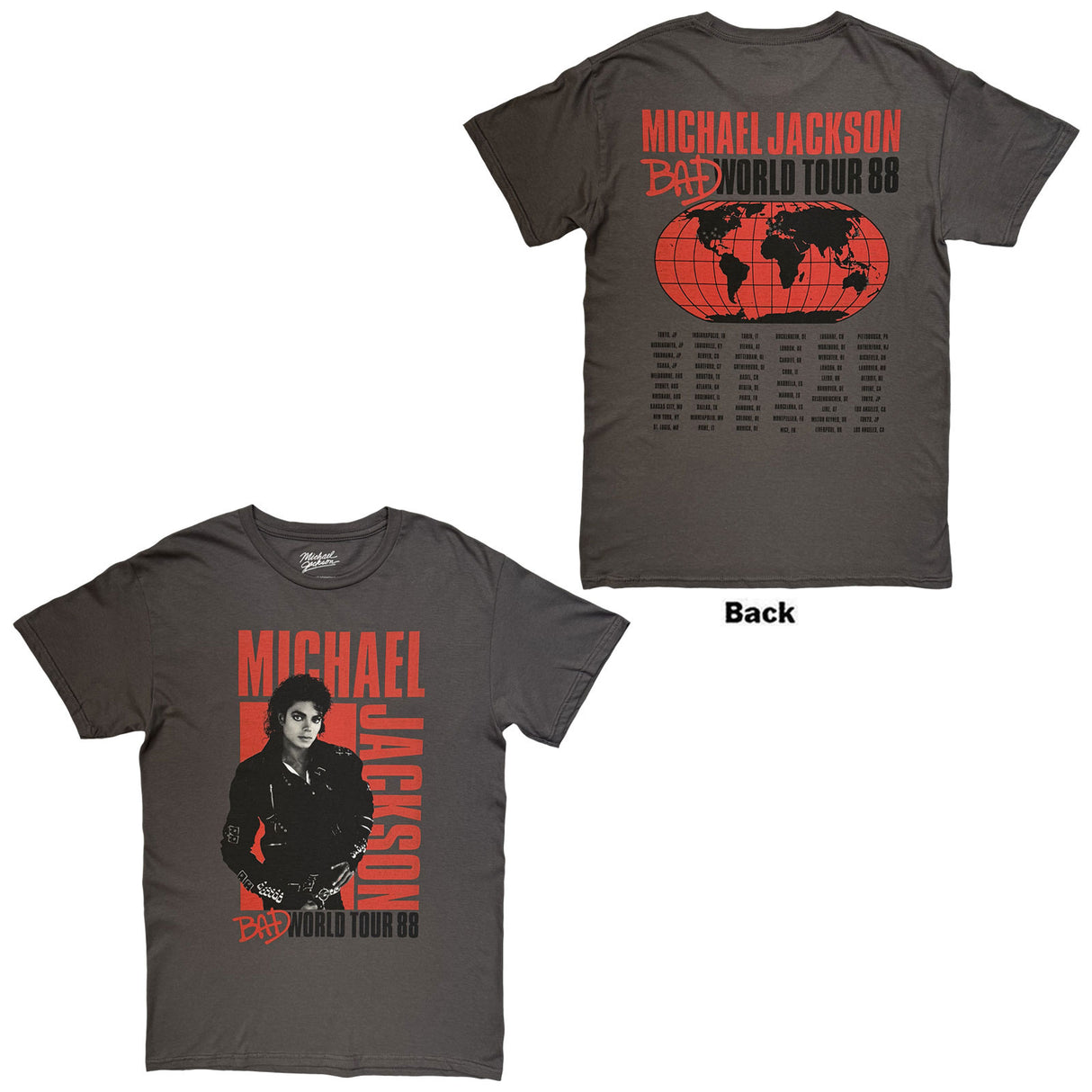 Michael Jackson Unisex T-Shirt Bad World Tour '88 (Back Print) Charcoal Grey (L)