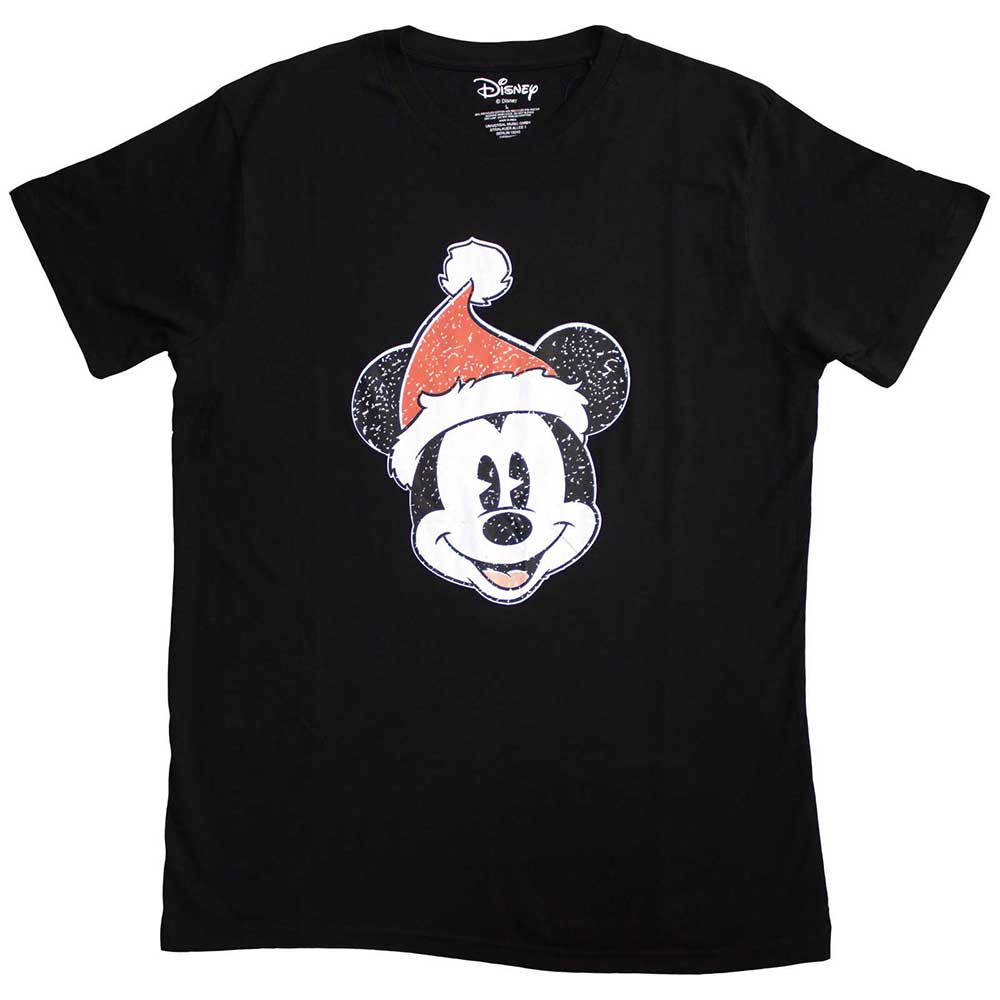 Disney Unisex T-Shirt Mickey Mouse Santa Hat Black (S)