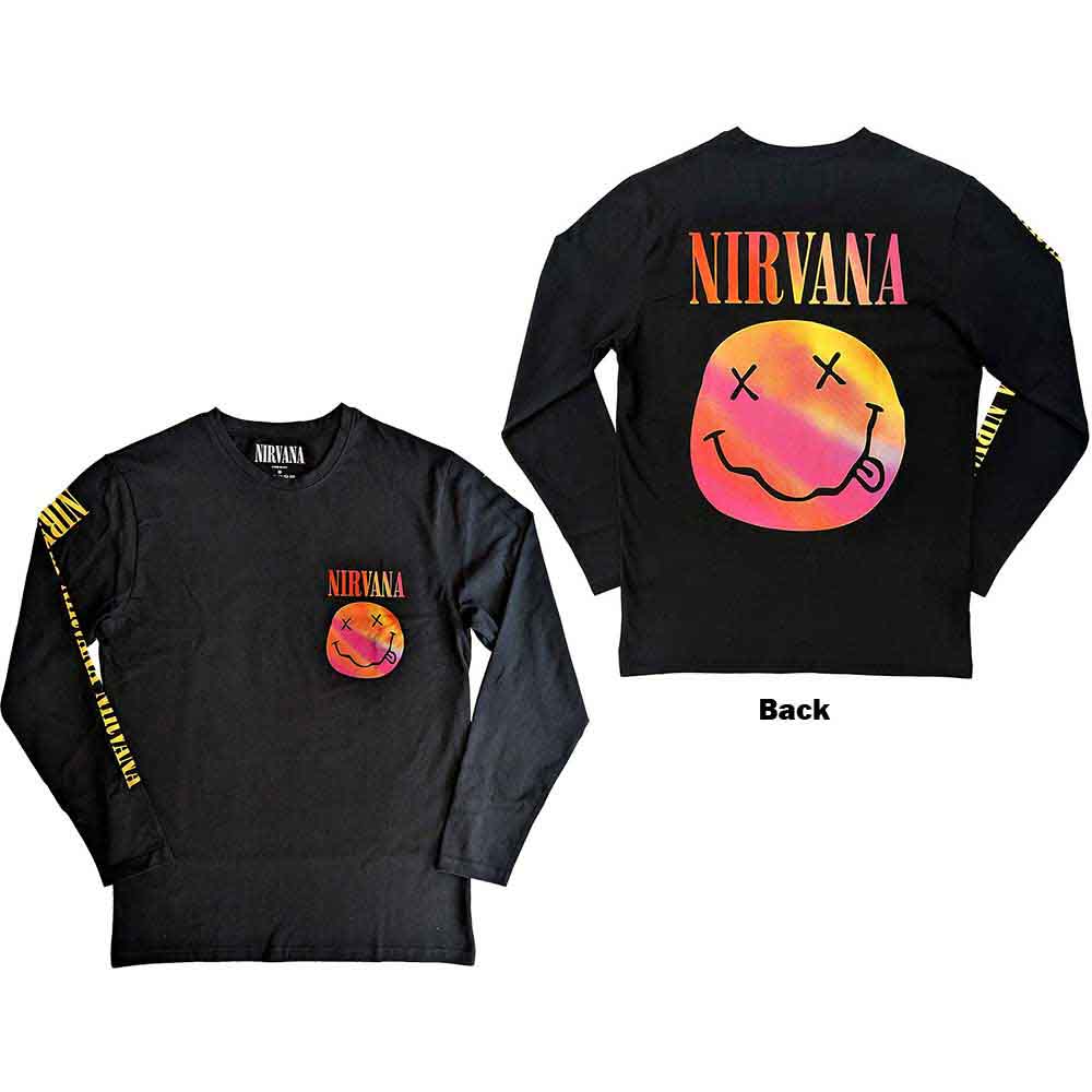 Nirvana Unisex Long Sleeve T-Shirt Gradient Happy Face (Back & Sleeve Print) Black (XL)
