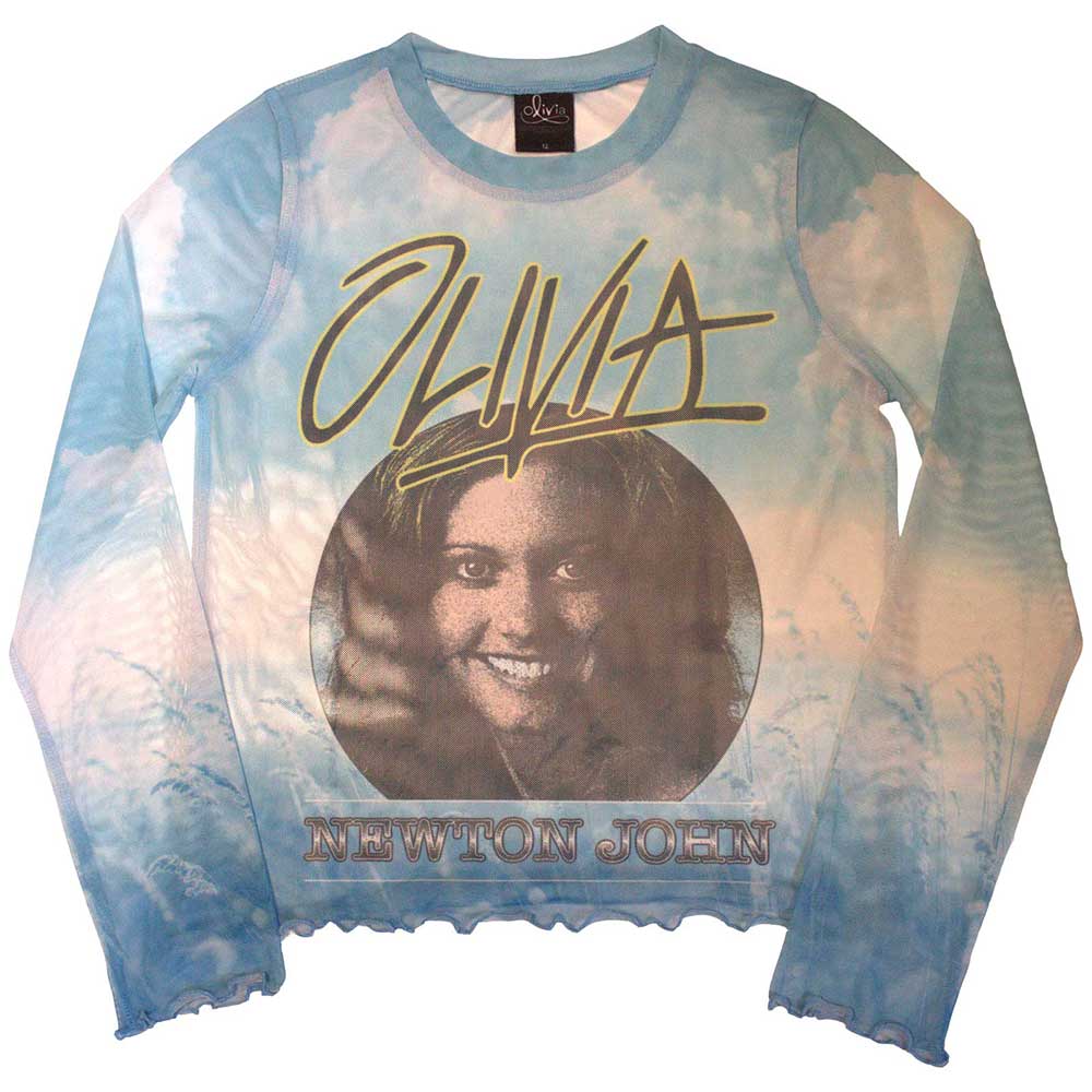 Olivia Newton-John Ladies Long Sleeve T-Shirt Circle Photo (Mesh) Blue (L)
