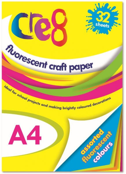 Cre8 A4 Fluorescent Craft Paper 4 Colours 60gsm (32shts))