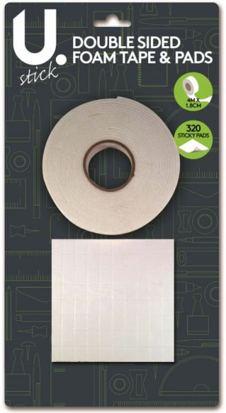 U.Stick Double Sided Foam Tape 4m Roll & 320 Sticky Pads