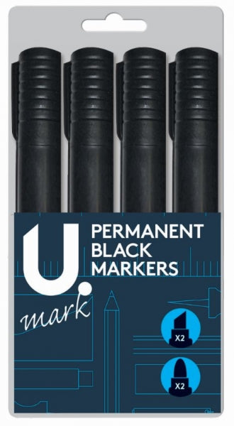 U.Mark Black Permanent Marker Pens (4pk)