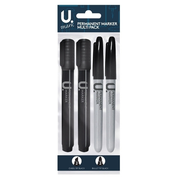 U.Mark Black Permanent Marker (2xChisel/2xBullet) 4pk