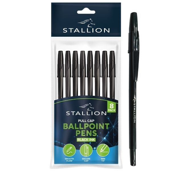 Stallion Pull Cap Ballpoint Pens Black (8pk)