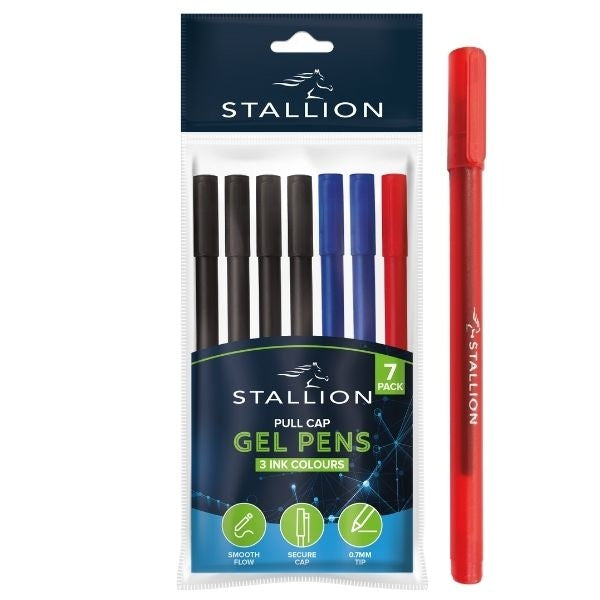 Stallion Pull Cap Gel Ink Pens Black/Blue/Red (7pk)