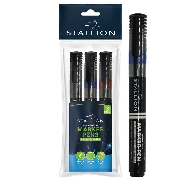 Stallion Permanent Marker Pens - Black/Blue/Red (3pk)