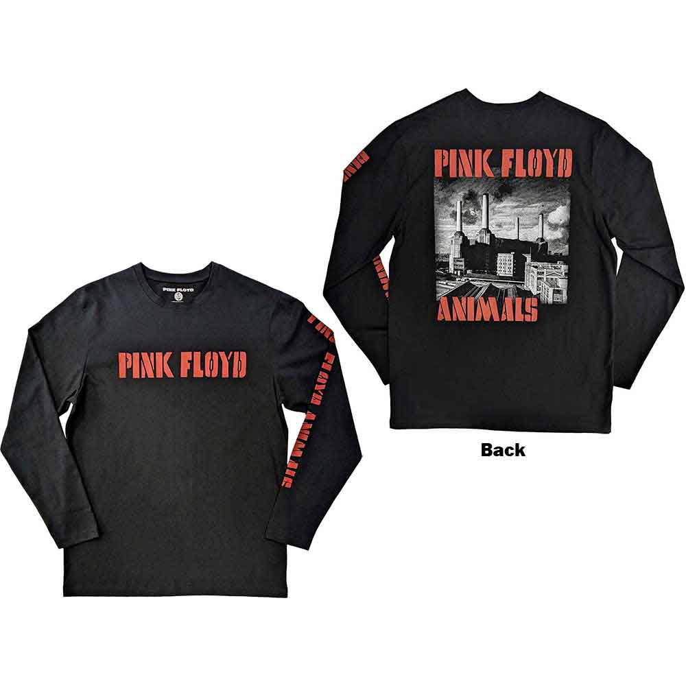 Pink Floyd Unisex Long Sleeve T-Shirt Animals B&W (Back & Sleeve) Black (M)