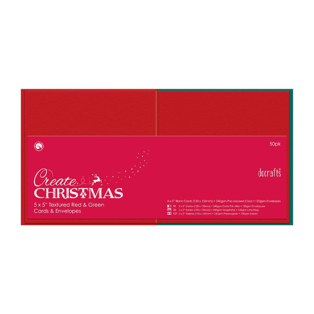 Create Christmas Cards & Envelopes 5" x 5"  240gsm Textured Red/Green (50pk)