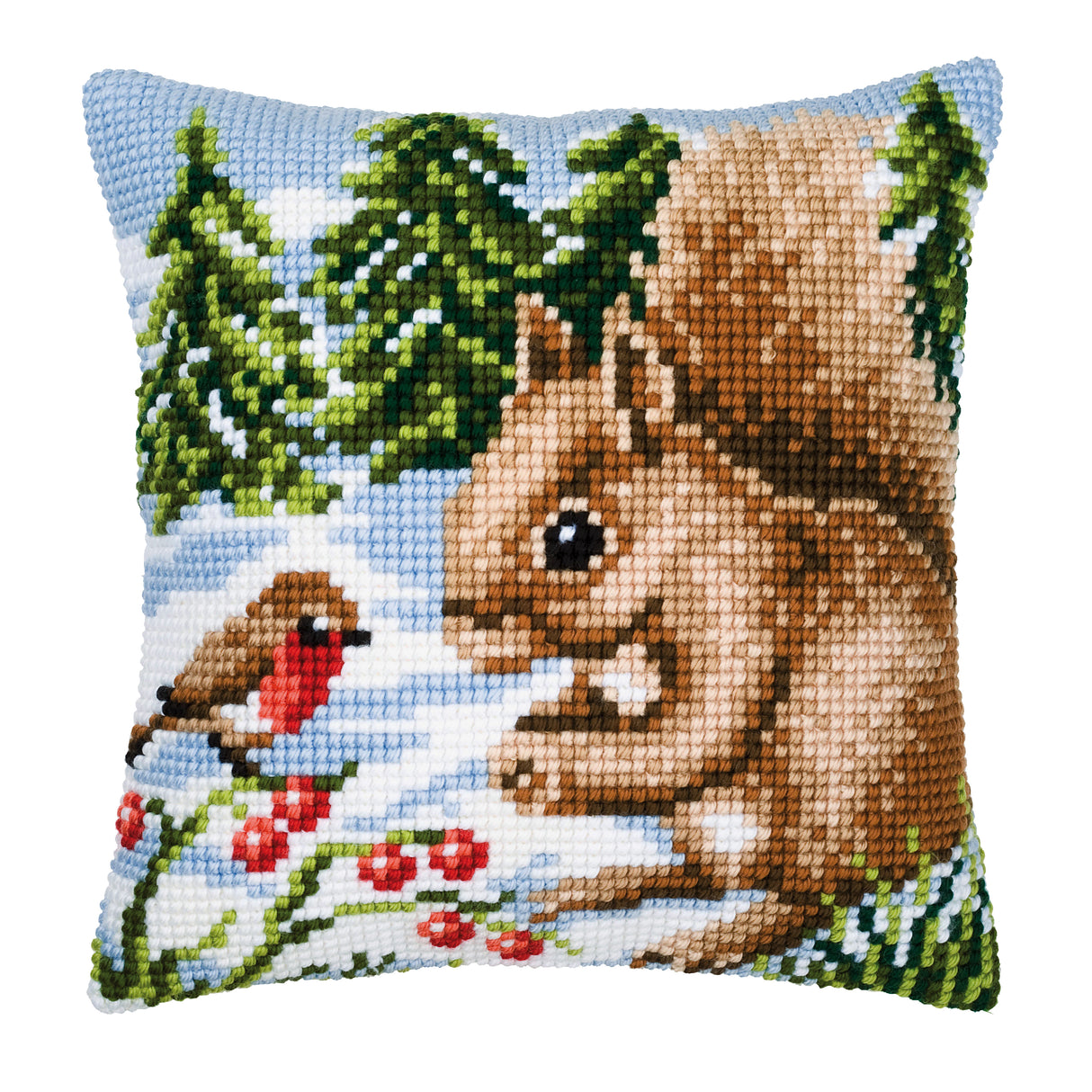 Vervaco Cross Stitch Kit 40cm Cushion Cover - Winter Scene Squirrel and Robin