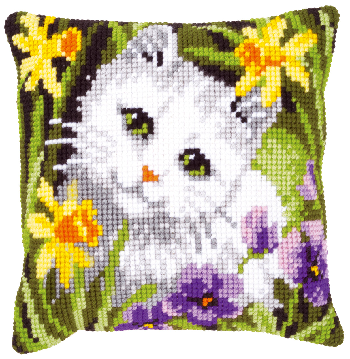 Vervaco Cross Stitch Kit 40cm Cushion Cover - White Cat in Daffodils