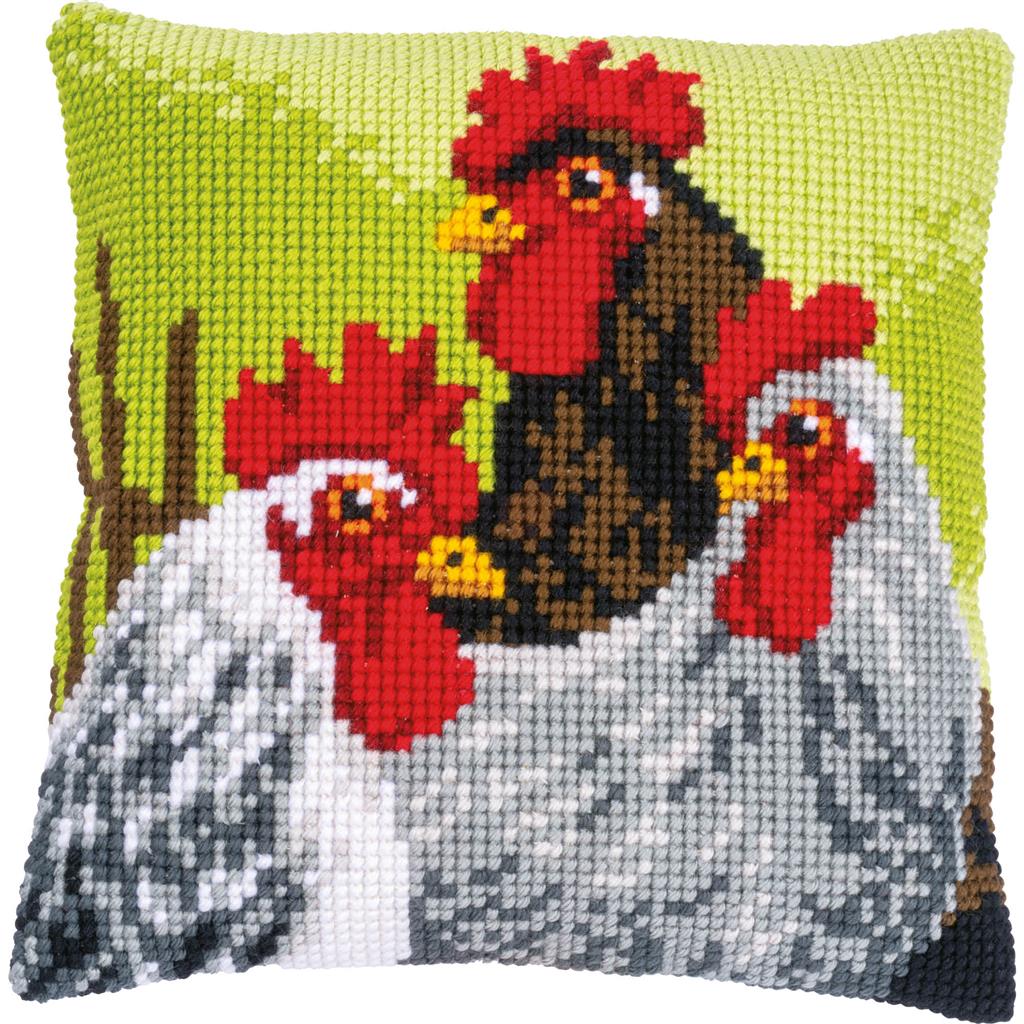 Vervaco Cross Stitch Kit 40cm Cushion Cover - Rooster and Chickens