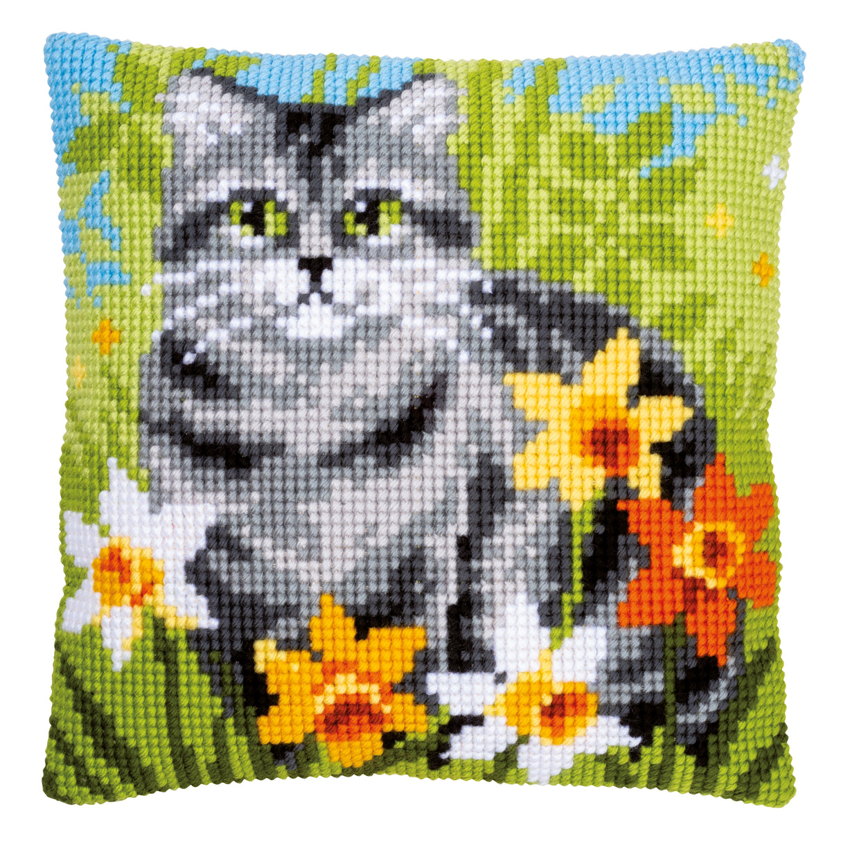 Vervaco Cross Stitch Kit 40cm Cushion Cover - Cat Between Flowers