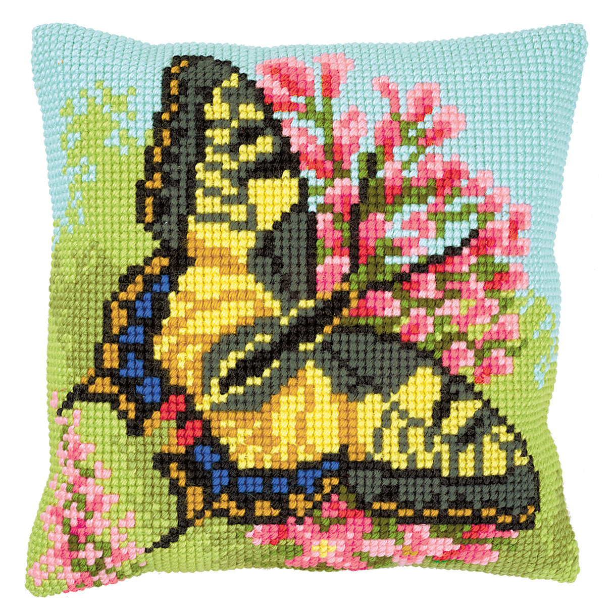 Vervaco Cross Stitch Kit 40cm Cushion Cover - Butterfly & Pink Flowers