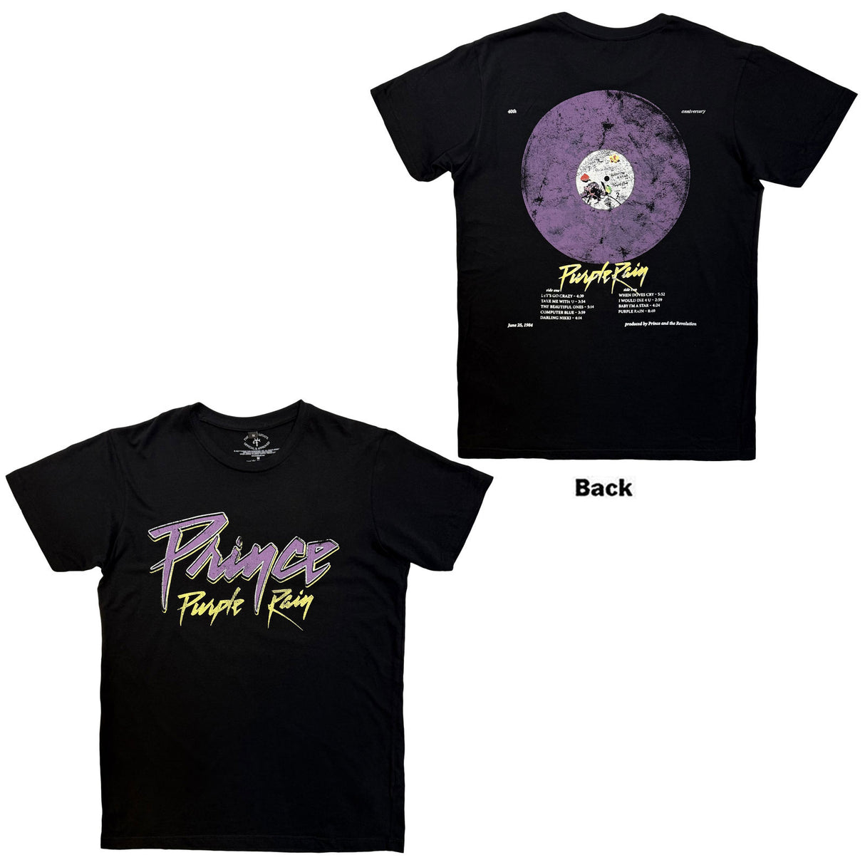 Prince Unisex Carbon T-Shirt Purple Rain 40th Anniversary (Back Print) Black (M)