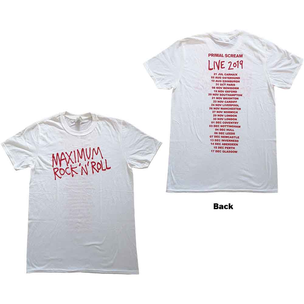 Primal Scream Unisex T-Shirt Maximum RnR (Back Print/Ex Tour) White (XXL)