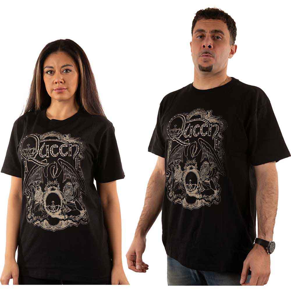 Queen Unisex T-Shirt Ornate Crest (Diamante) Black (XL)