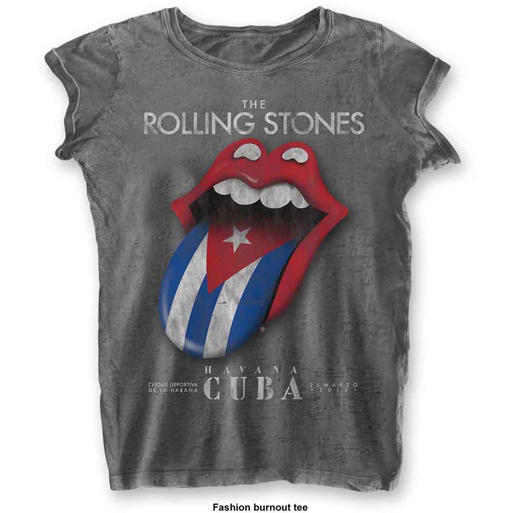 The Rolling Stones Ladies Fashion T-Shirt Havana Cuba Burn Out Finish Grey (S)