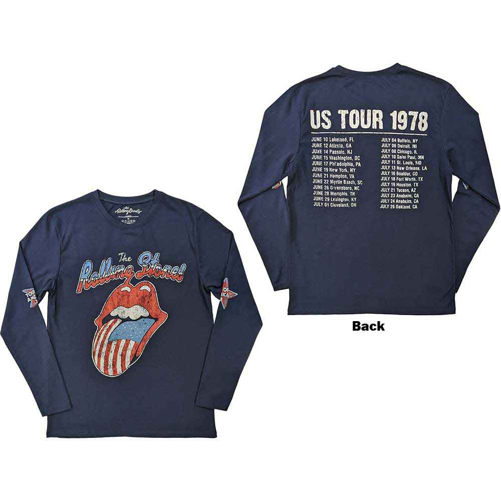 The Rolling Stones Unisex Long Sleeve T-Shirt US Tour '78 (Back & Sleeve Print) Blue (XL)